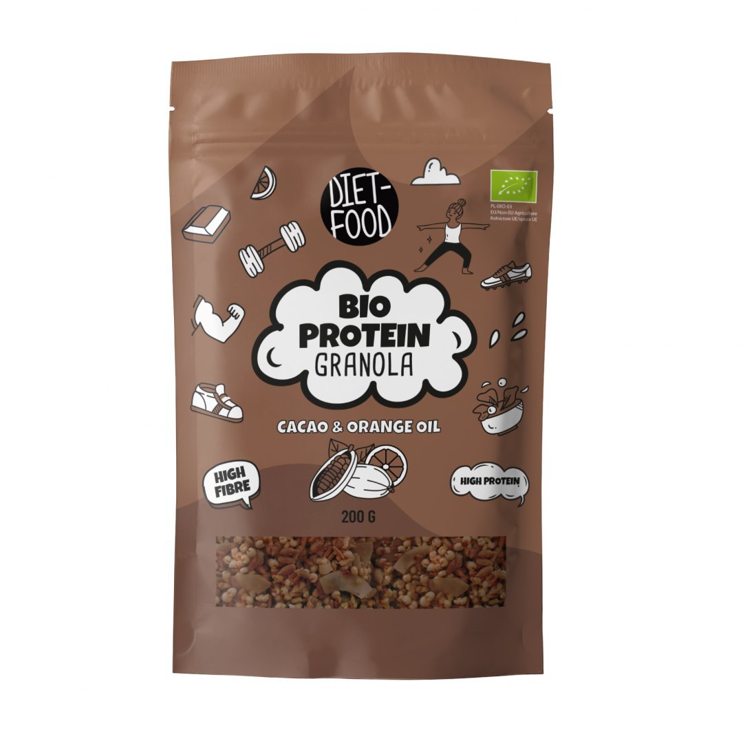 Ekologiška baltyminė granola su kakava ir apelsinų aliejumi, 200 g